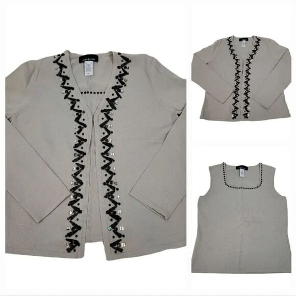 Vintage Jones New York 2 PC Beaded Sweater Cardigan Twinset in Gray Size Small - Picture 2 of 12